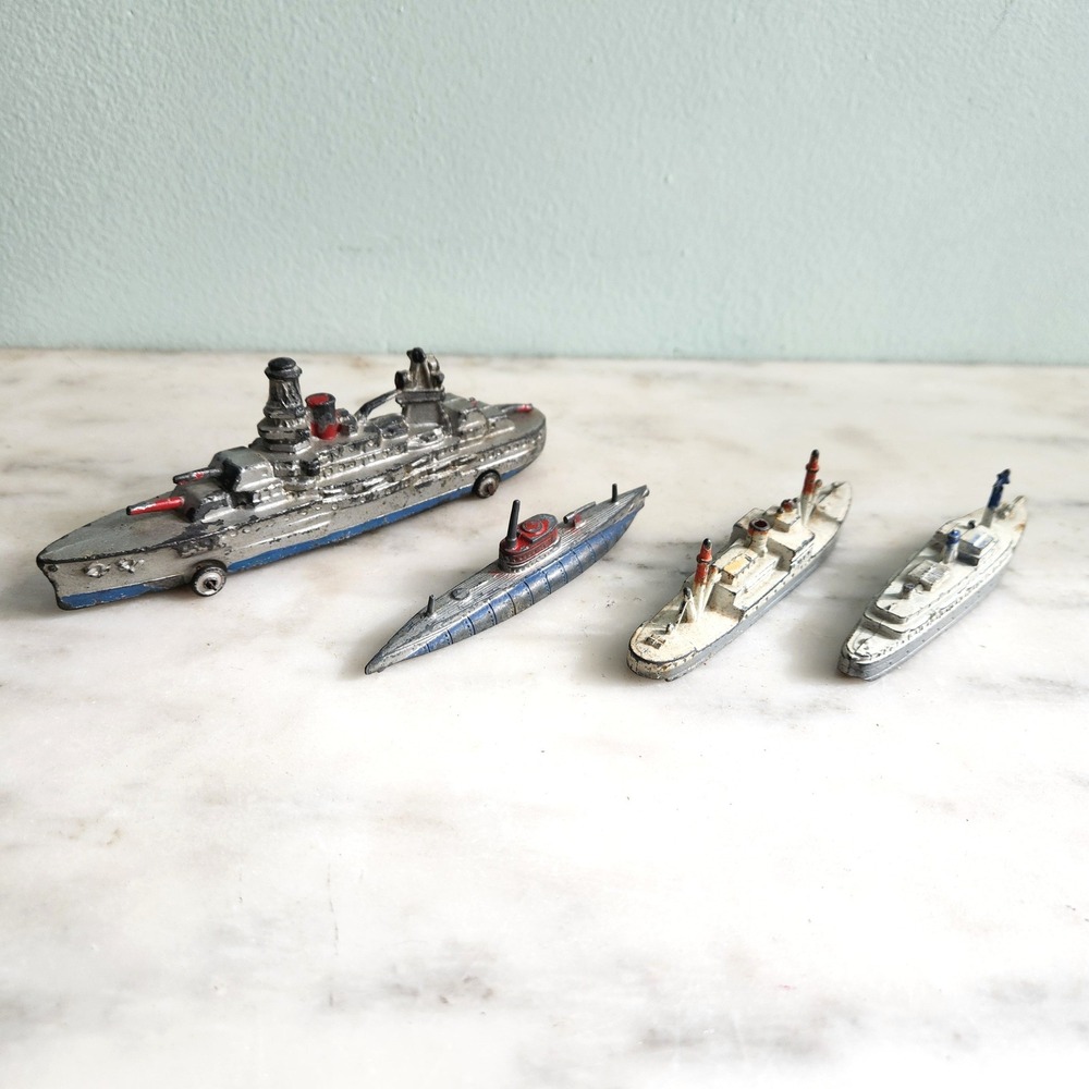 Vintage Diecast Metal Toy Ship Lot of 4 Battleship Navy Fleet Slush Tootsie Toy